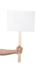 Photo of Man holding blank sign on white background, closeup. Mockup for design