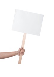 Photo of Man holding blank sign on white background, closeup. Mockup for design