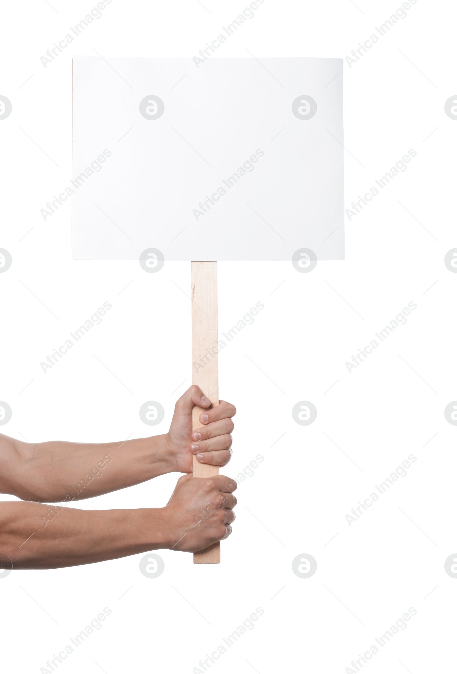 Man holding blank sign on white background, closeup. Mockup for design Photo of Man holding blank sign on white background, closeup. Mockup for design