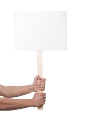 Photo of Man holding blank sign on white background, closeup. Mockup for design