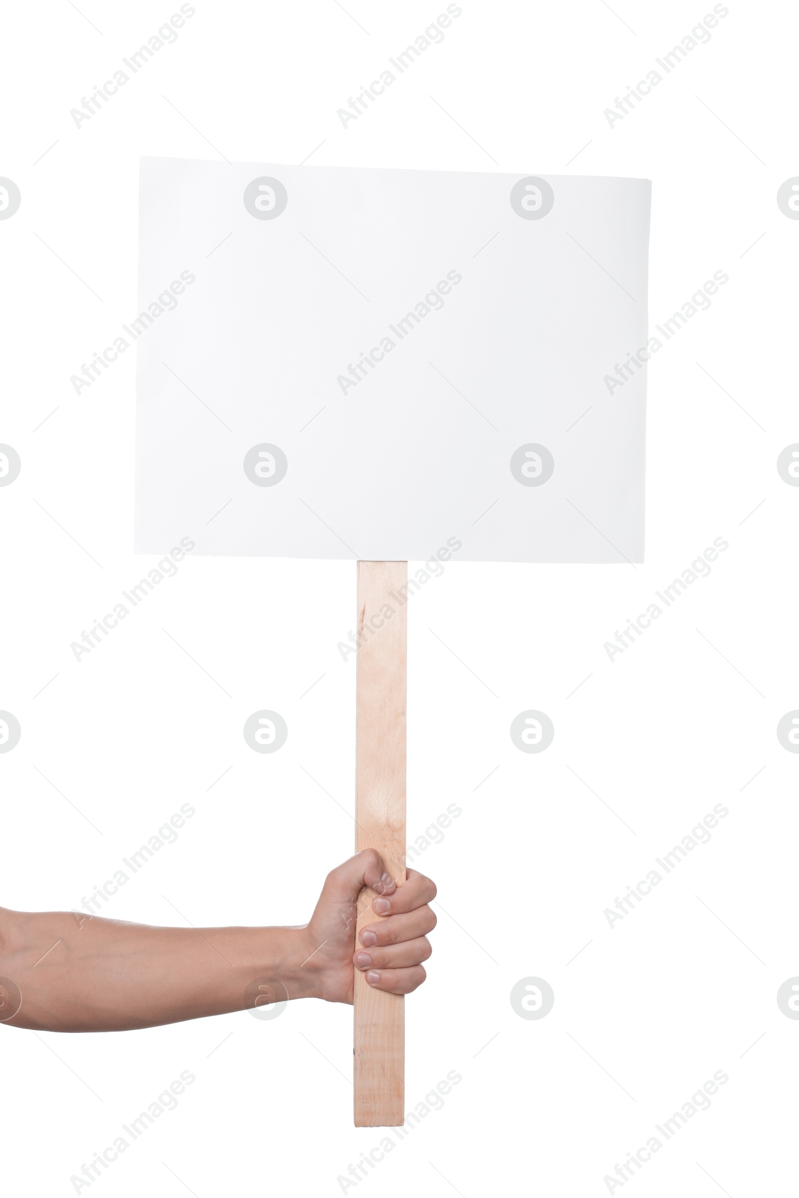 Man holding blank sign on white background, closeup. Mockup for design Photo of Man holding blank sign on white background, closeup. Mockup for design