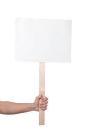 Photo of Man holding blank sign on white background, closeup. Mockup for design