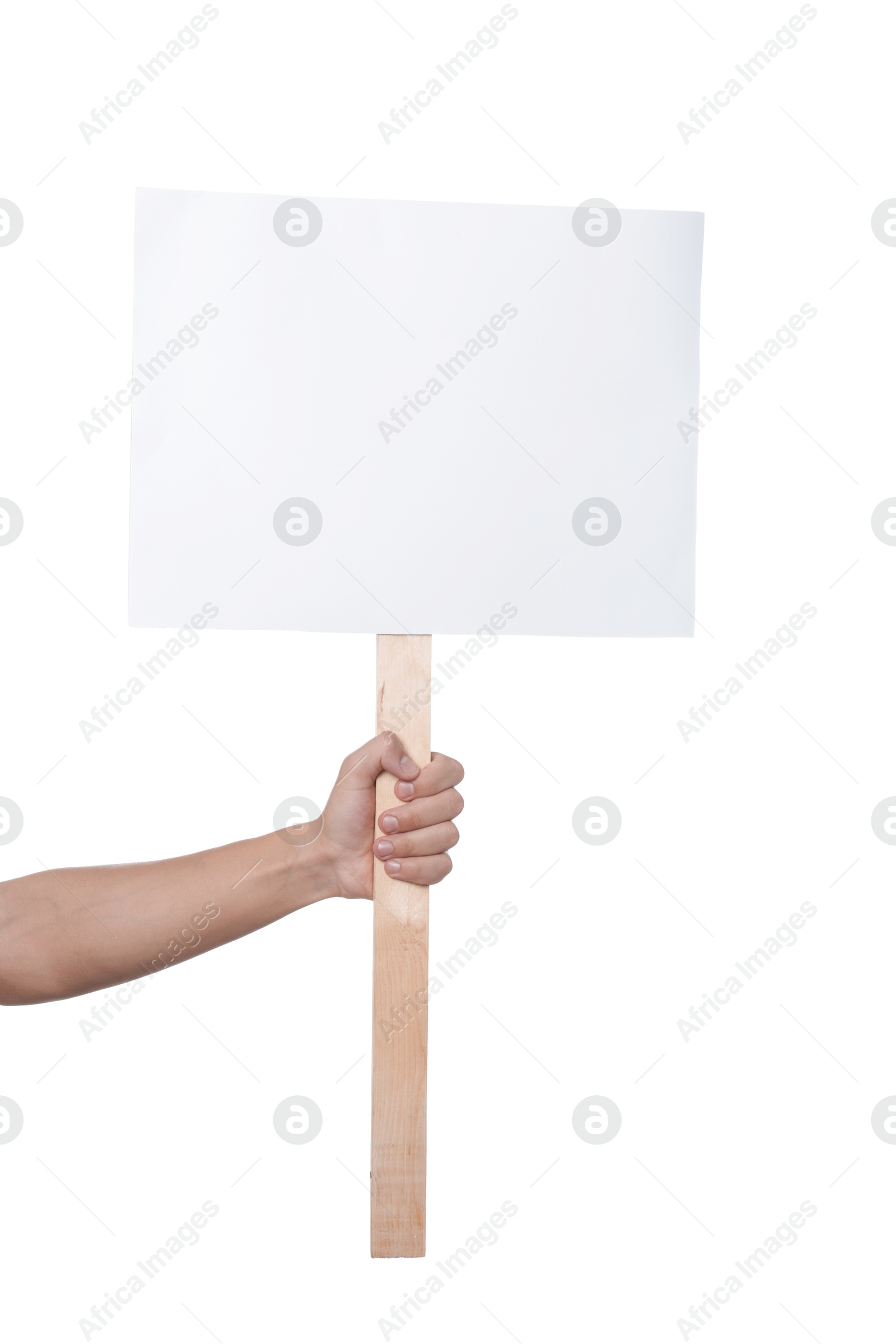 Man holding blank sign on white background, closeup. Mockup for design Photo of Man holding blank sign on white background, closeup. Mockup for design