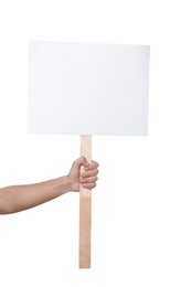 Photo of Man holding blank sign on white background, closeup. Mockup for design