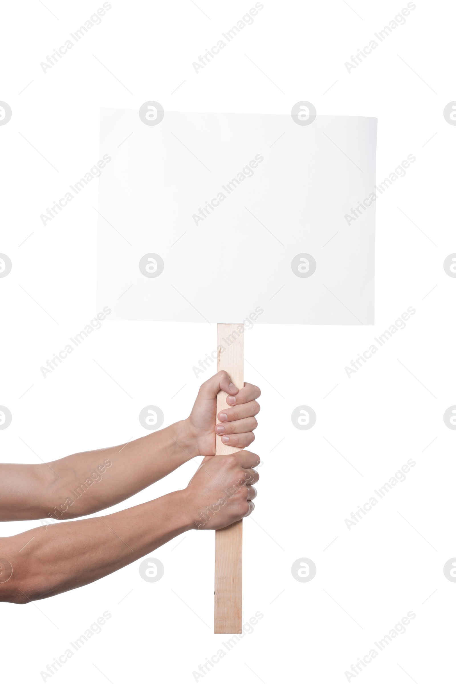 Man holding blank sign on white background, closeup. Mockup for design Photo of Man holding blank sign on white background, closeup. Mockup for design