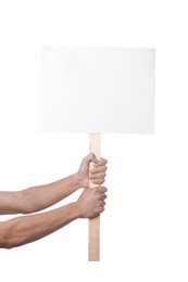 Photo of Man holding blank sign on white background, closeup. Mockup for design