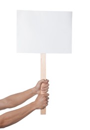 Photo of Man holding blank sign on white background, closeup. Mockup for design
