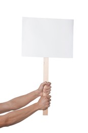 Photo of Man holding blank sign on white background, closeup. Mockup for design
