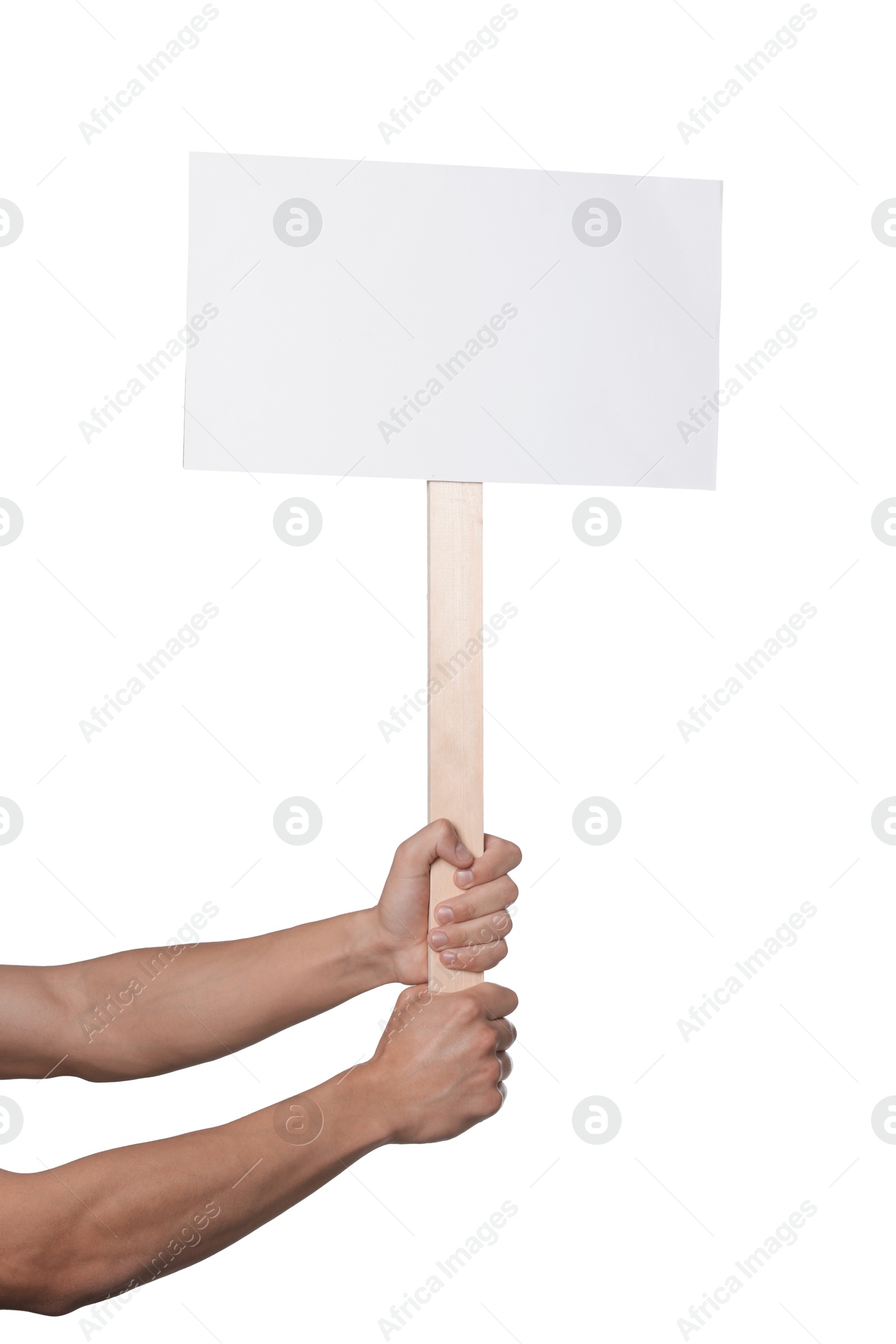 Man holding blank sign on white background, closeup. Mockup for design Photo of Man holding blank sign on white background, closeup. Mockup for design