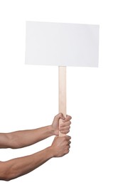 Photo of Man holding blank sign on white background, closeup. Mockup for design
