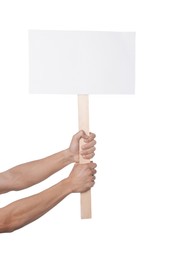 Photo of Man holding blank sign on white background, closeup. Mockup for design