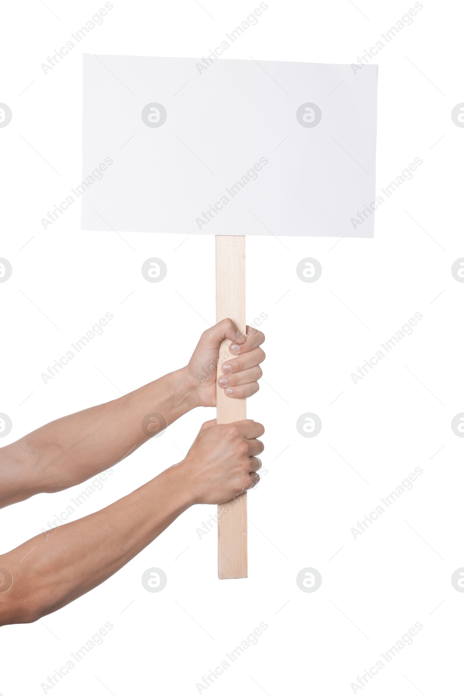 Man holding blank sign on white background, closeup. Mockup for design Photo of Man holding blank sign on white background, closeup. Mockup for design