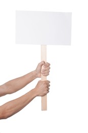 Photo of Man holding blank sign on white background, closeup. Mockup for design