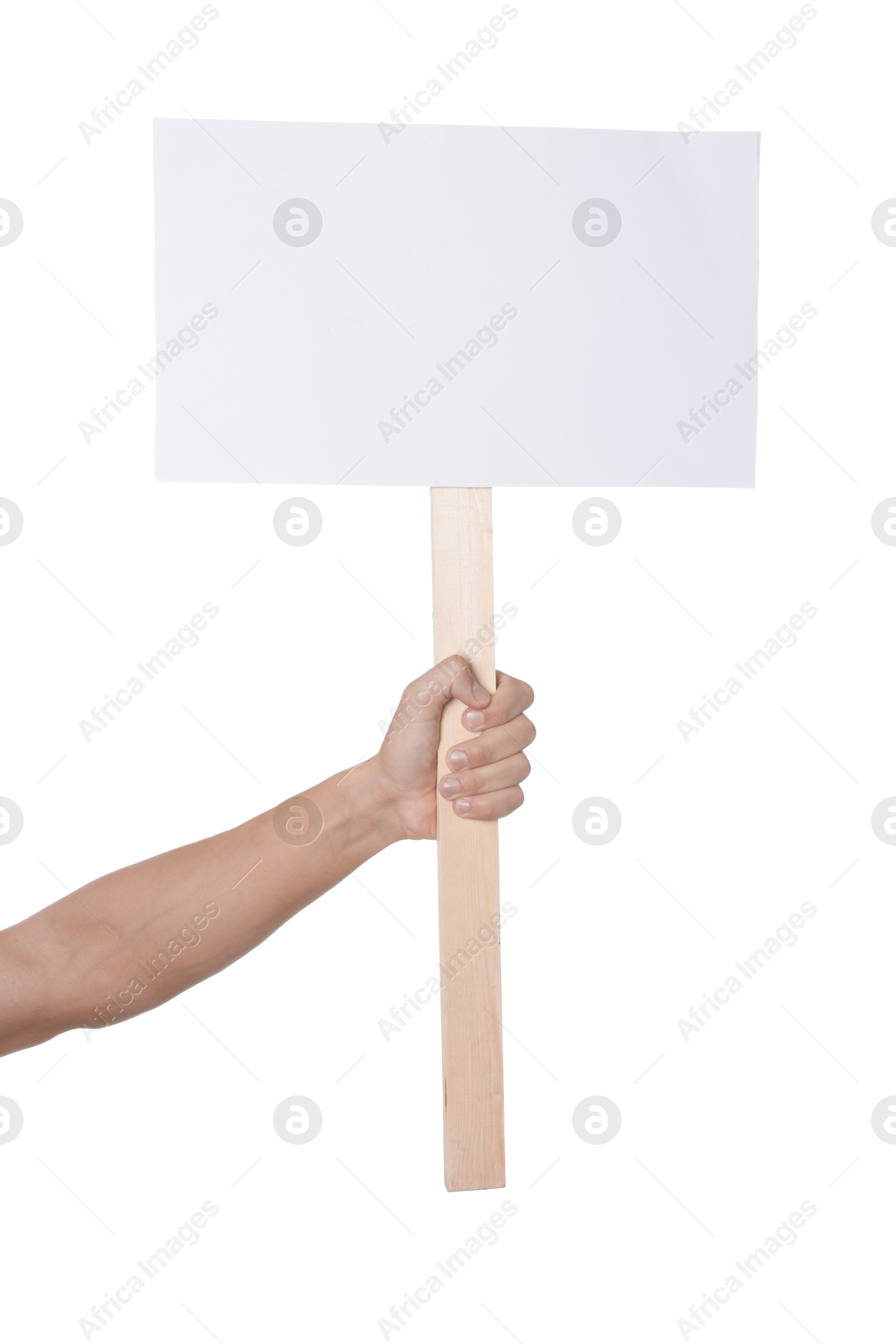 Man holding blank sign on white background, closeup. Mockup for design Photo of Man holding blank sign on white background, closeup. Mockup for design