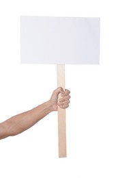 Photo of Man holding blank sign on white background, closeup. Mockup for design