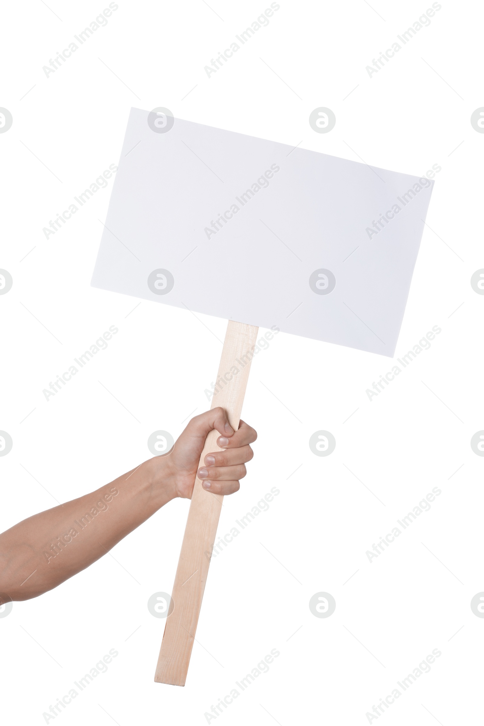 Man holding blank sign on white background, closeup. Mockup for design Photo of Man holding blank sign on white background, closeup. Mockup for design
