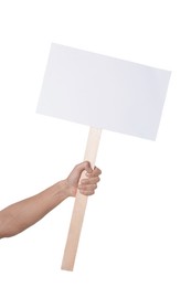 Photo of Man holding blank sign on white background, closeup. Mockup for design