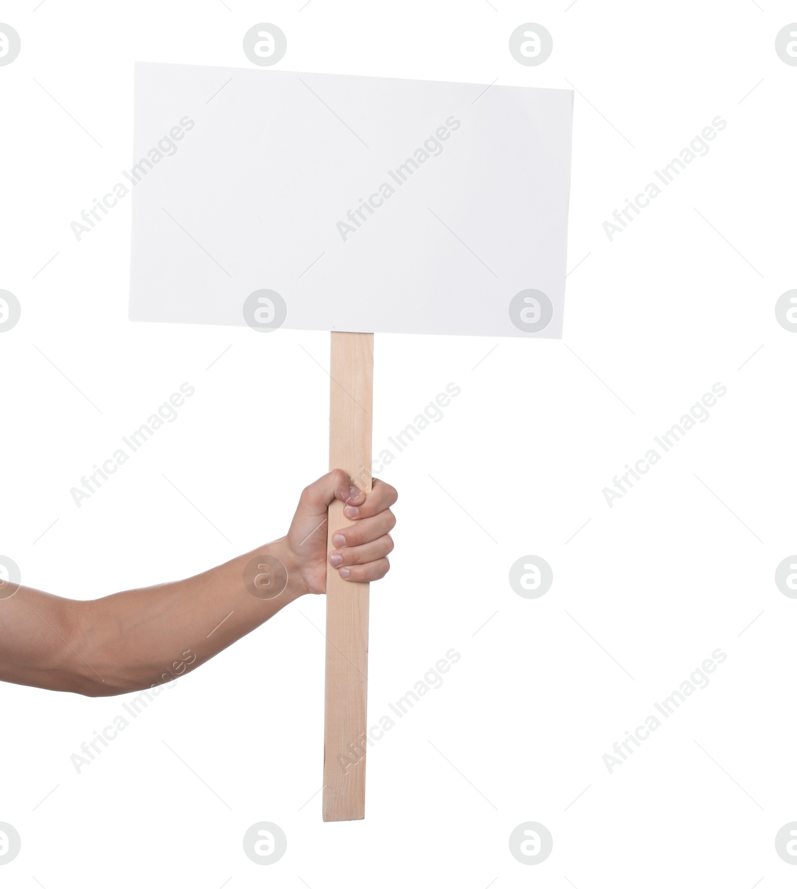 Man holding blank sign on white background, closeup. Mockup for design Photo of Man holding blank sign on white background, closeup. Mockup for design