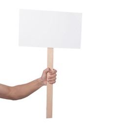 Photo of Man holding blank sign on white background, closeup. Mockup for design