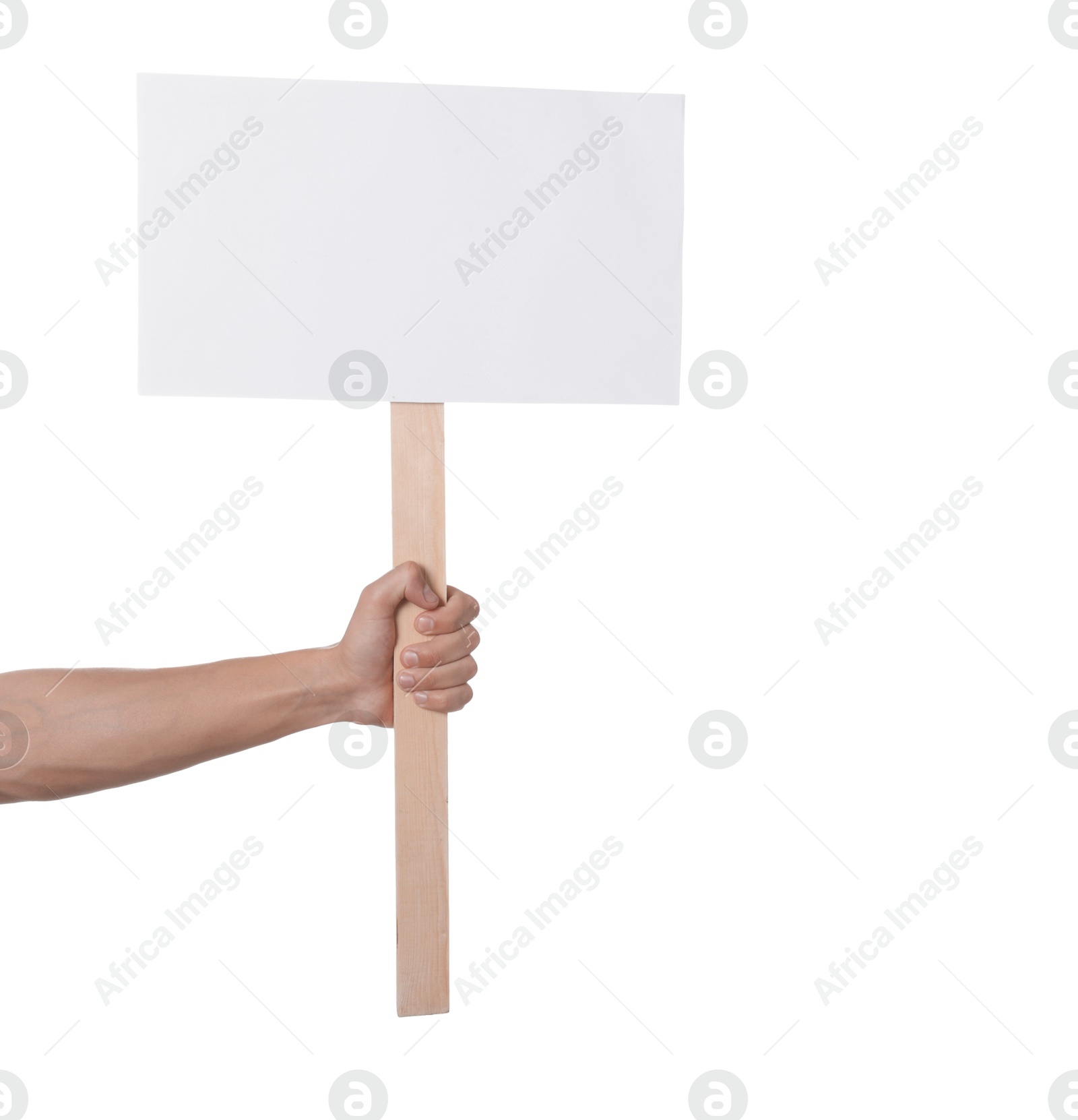 Man holding blank sign on white background, closeup. Mockup for design Photo of Man holding blank sign on white background, closeup. Mockup for design