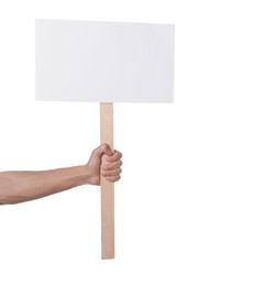 Photo of Man holding blank sign on white background, closeup. Mockup for design