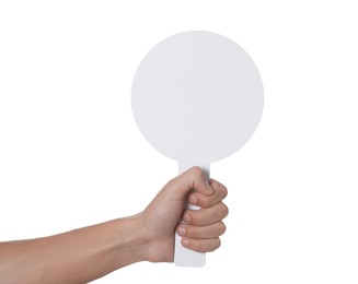 Photo of Man holding blank sign on white background, closeup. Mockup for design