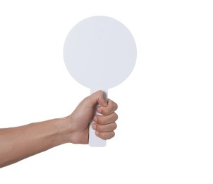 Photo of Man holding blank sign on white background, closeup. Mockup for design