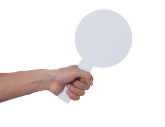 Photo of Man holding blank sign on white background, closeup. Mockup for design