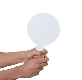 Photo of Man holding blank sign on white background, closeup. Mockup for design