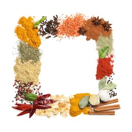 Photo of Different aromatic spices isolated on white, top view