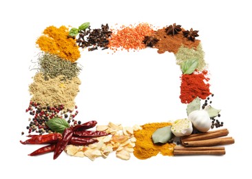 Photo of Many different aromatic spices isolated on white