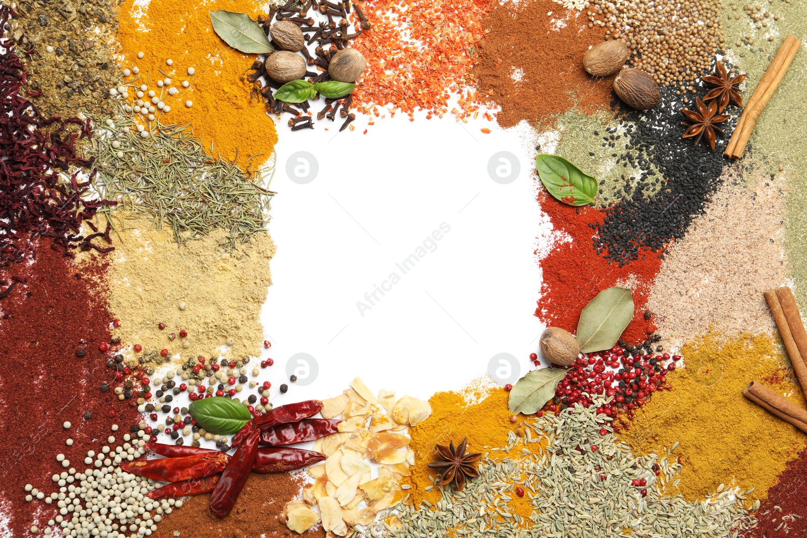 Different aromatic spices isolated on white, top view Photo of Different aromatic spices isolated on white, top view