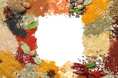 Photo of Different aromatic spices isolated on white, top view