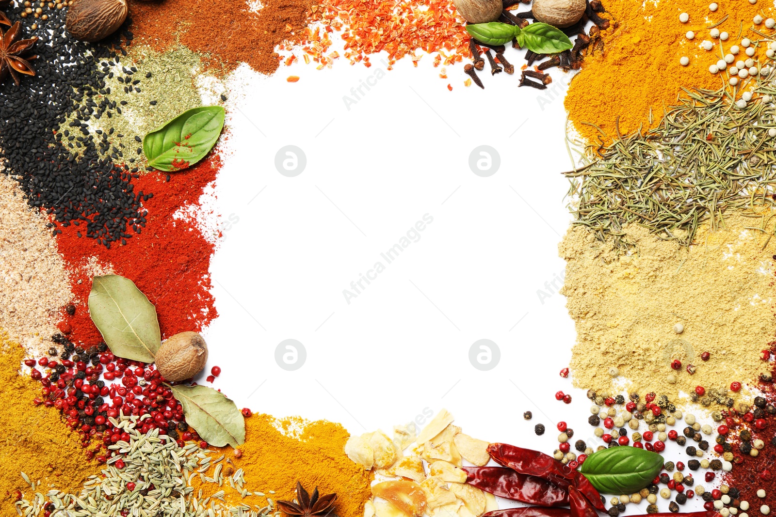Different aromatic spices isolated on white, top view Photo of Different aromatic spices isolated on white, top view
