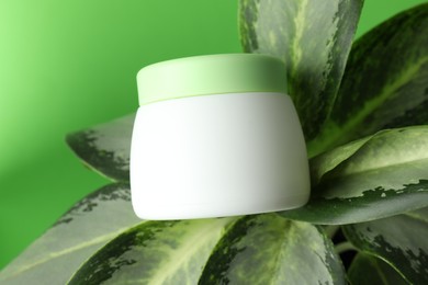 Photo of Jar of moisturizing body cream on plant against light green background, closeup