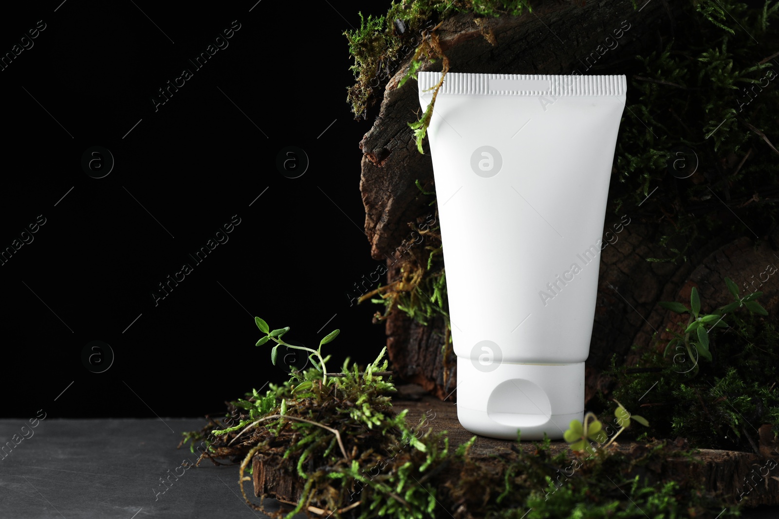 Tube of moisturizing body cream, tree bark and plants on grey table, closeup. Space for text Photo of Tube of moisturizing body cream, tree bark and plants on grey table, closeup. Space for text