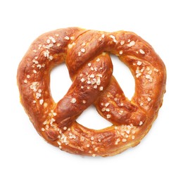 Photo of Tasty pretzel with salt isolated on white, top view