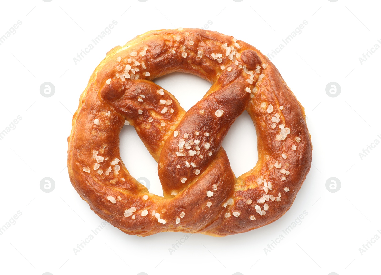 Tasty pretzel with salt isolated on white, top view Photo of Tasty pretzel with salt isolated on white, top view