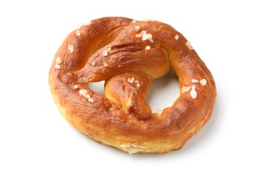 Photo of Tasty pretzel with salt isolated on white, above view