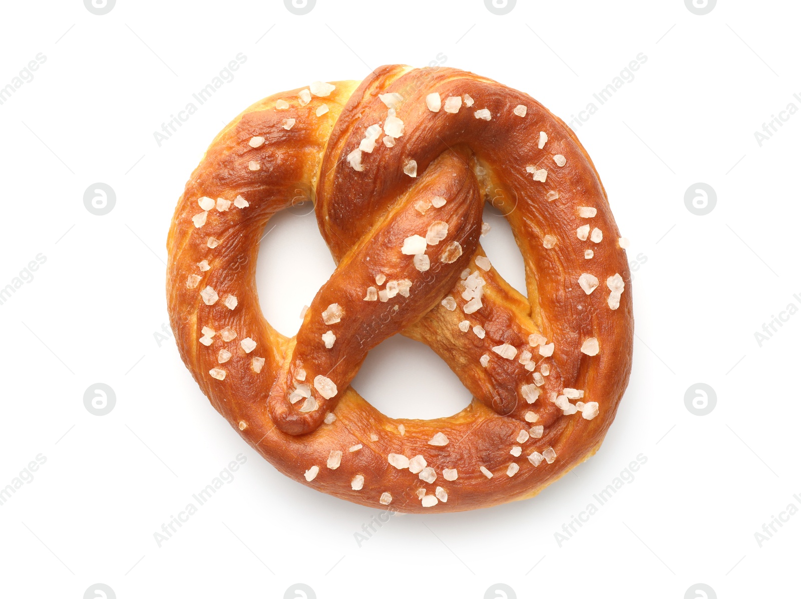 Tasty pretzel with salt isolated on white, top view Photo of Tasty pretzel with salt isolated on white, top view