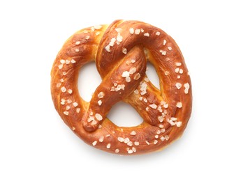 Photo of Tasty pretzel with salt isolated on white, top view