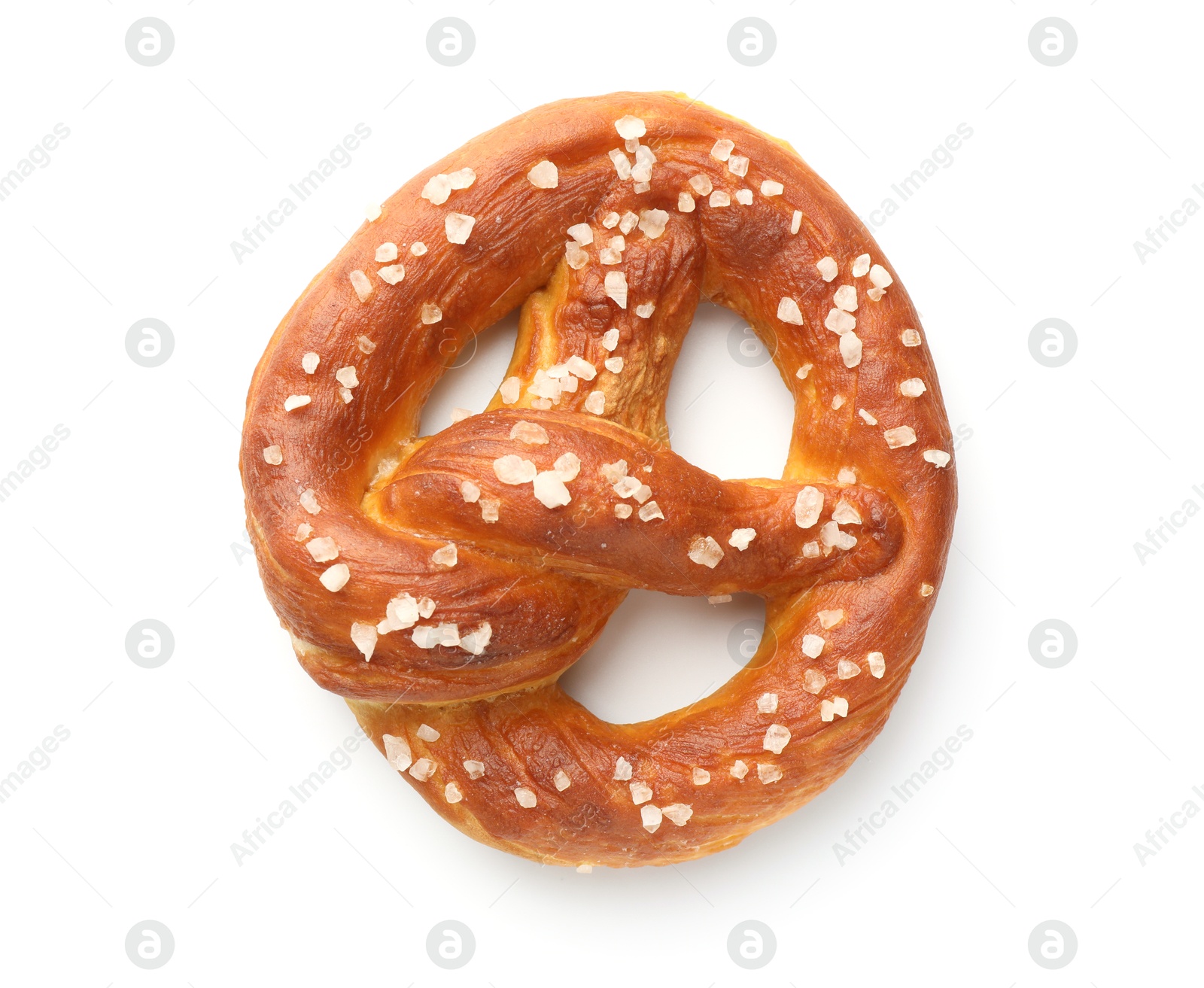 Tasty pretzel with salt isolated on white, top view Photo of Tasty pretzel with salt isolated on white, top view