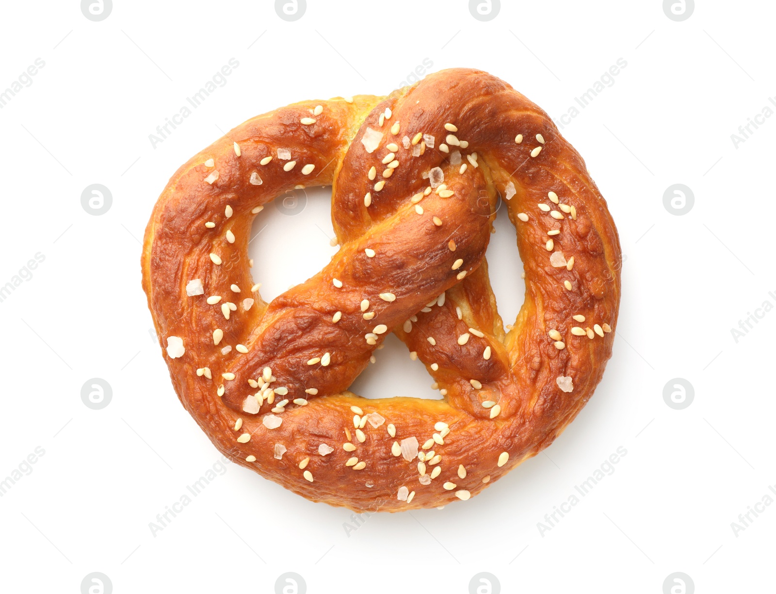 Tasty pretzel with salt isolated on white, top view Photo of Tasty pretzel with salt isolated on white, top view