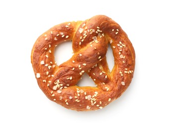 Photo of Tasty pretzel with salt isolated on white, top view