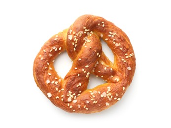 Photo of Tasty pretzel with salt isolated on white, top view