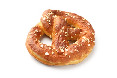 Photo of Tasty pretzel with salt isolated on white