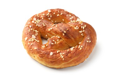 Photo of Tasty pretzel with salt isolated on white
