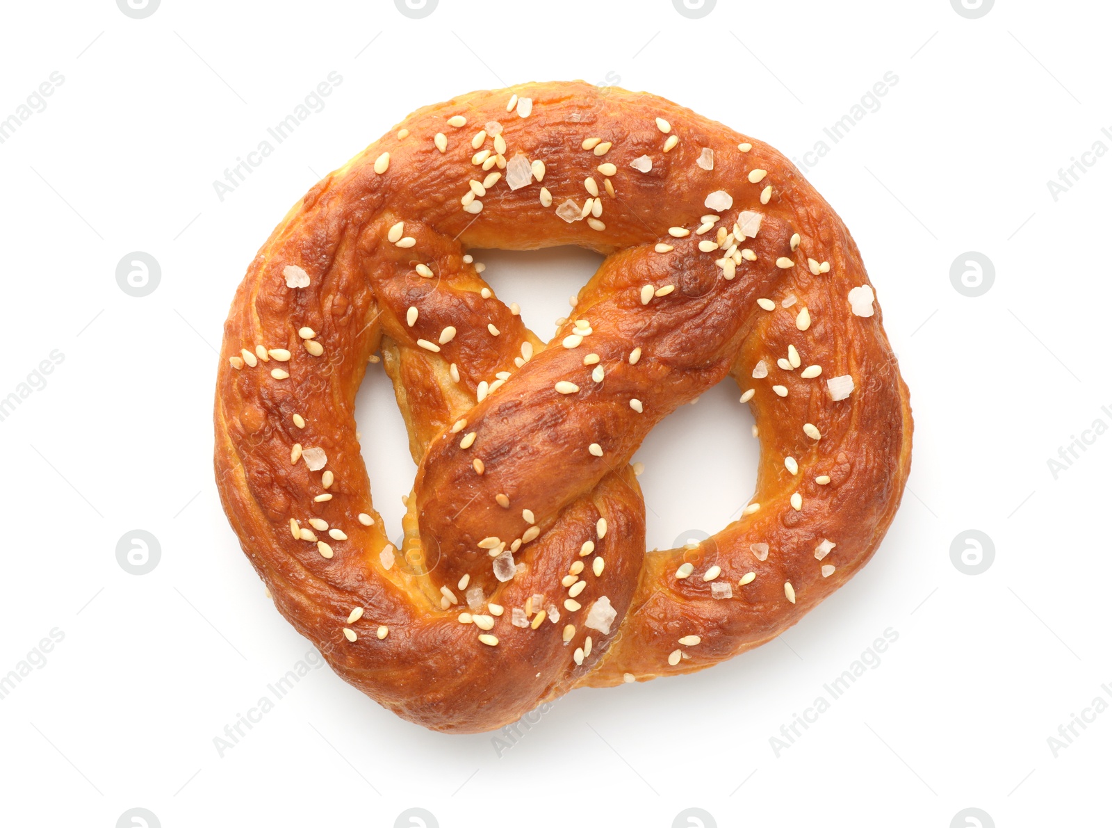 Tasty pretzel with salt isolated on white, top view Photo of Tasty pretzel with salt isolated on white, top view