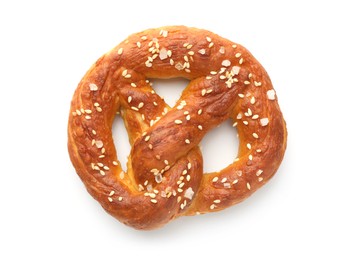Photo of Tasty pretzel with salt isolated on white, top view