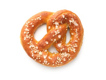 Photo of Tasty pretzel with salt isolated on white, top view